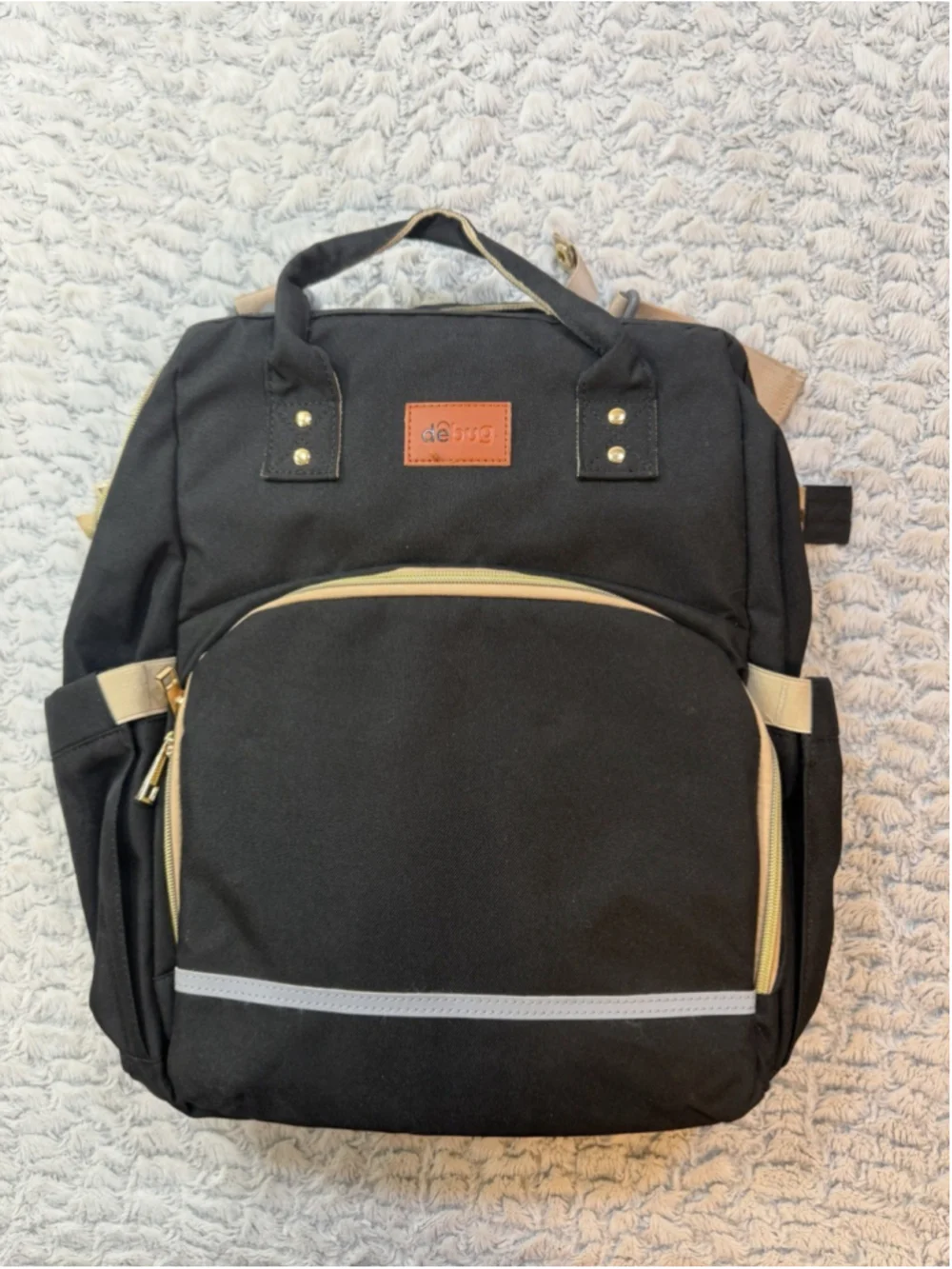 debug Black/Beige Polyester Diaper Bag Backpack, Adjustable Straps, Pockets